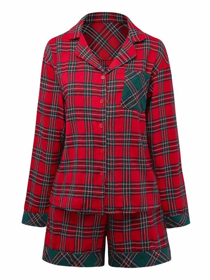 2PCS Red Christmas Plaid Pajama Set - vintage fashion, retro style, elegant red