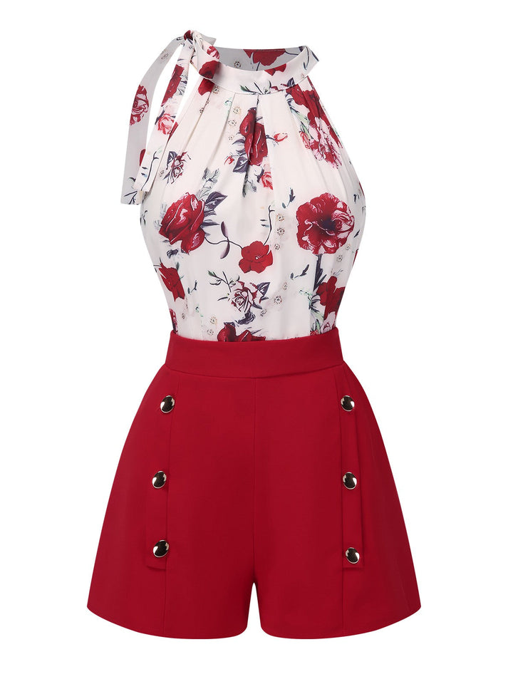 She pairs this 2PCS Red 1940s Floral Tie Neck Top &amp; Buttoned Short with confidence and 1940s charm
