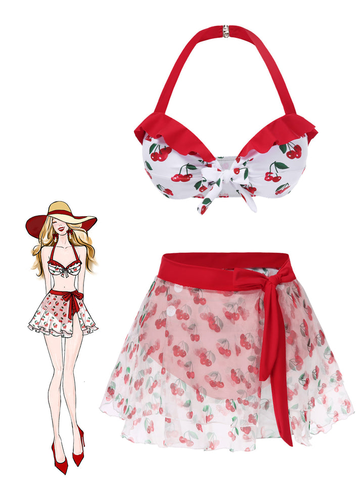 2PCS Red 1950s Cherry Bikini &amp; Tie-Waist Cover up - vintage fashion, retro style, elegant red