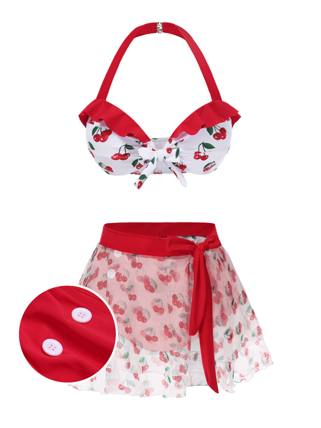 2PCS Red 1950s Cherry Bikini &amp; Tie-Waist Cover up - vintage fashion, retro style, elegant red