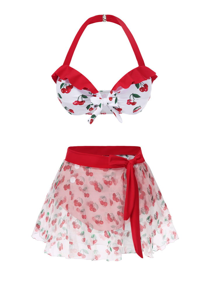 2PCS Red 1950s Cherry Bikini &amp; Tie-Waist Cover up - vintage fashion, retro style, elegant red