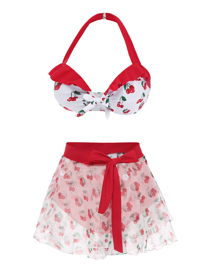 2PCS Red 1950s Cherry Bikini &amp; Tie-Waist Cover up - vintage fashion, retro style, elegant red