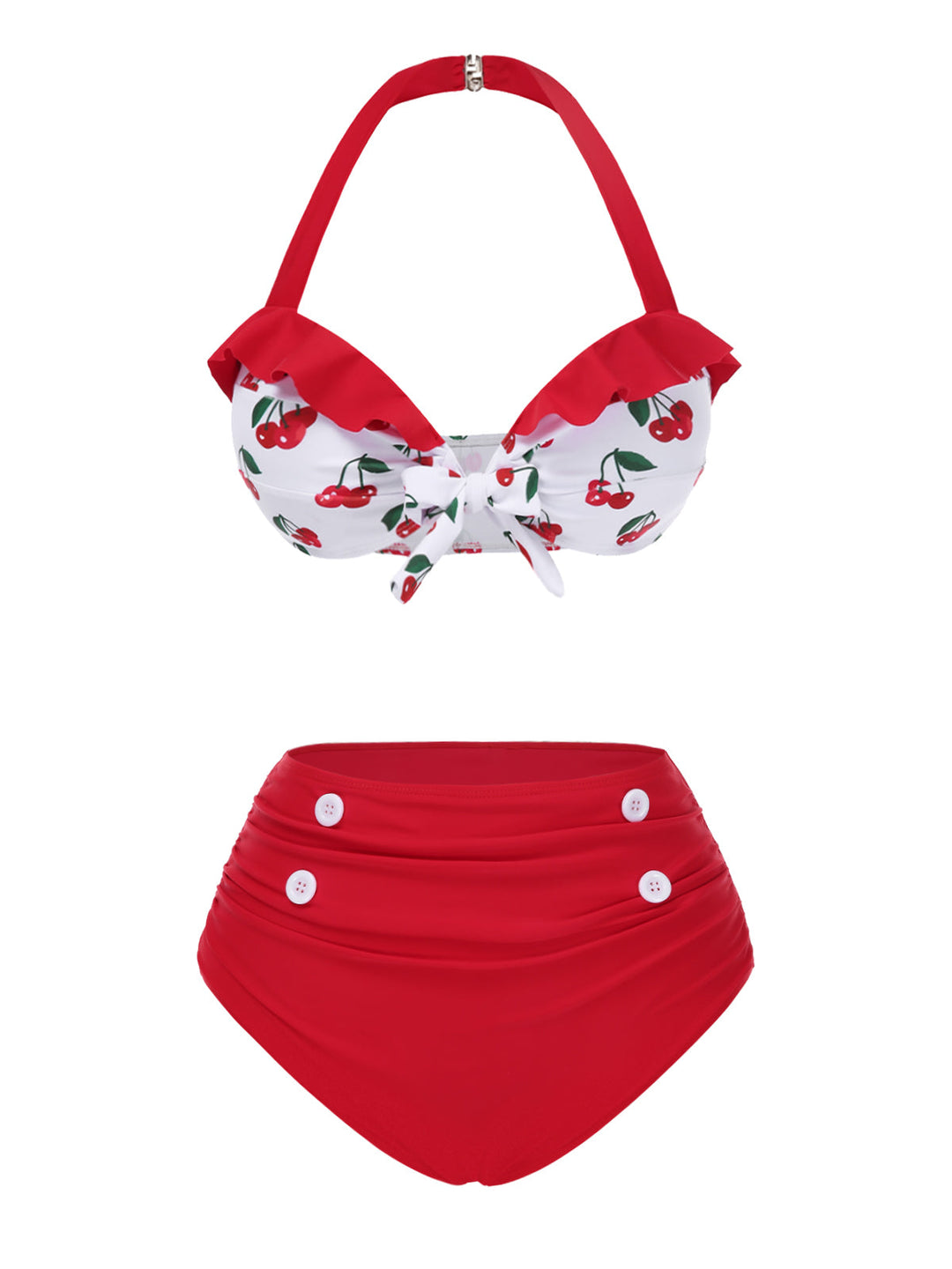 2PCS Red 1950s Cherry Bikini &amp; Tie-Waist Cover up - vintage fashion, retro style, elegant red