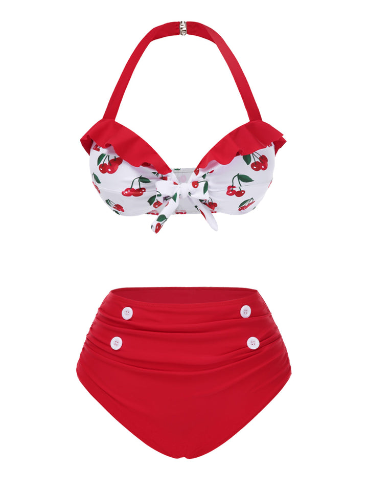 2PCS Red 1950s Cherry Bikini &amp; Tie-Waist Cover up - vintage fashion, retro style, elegant red