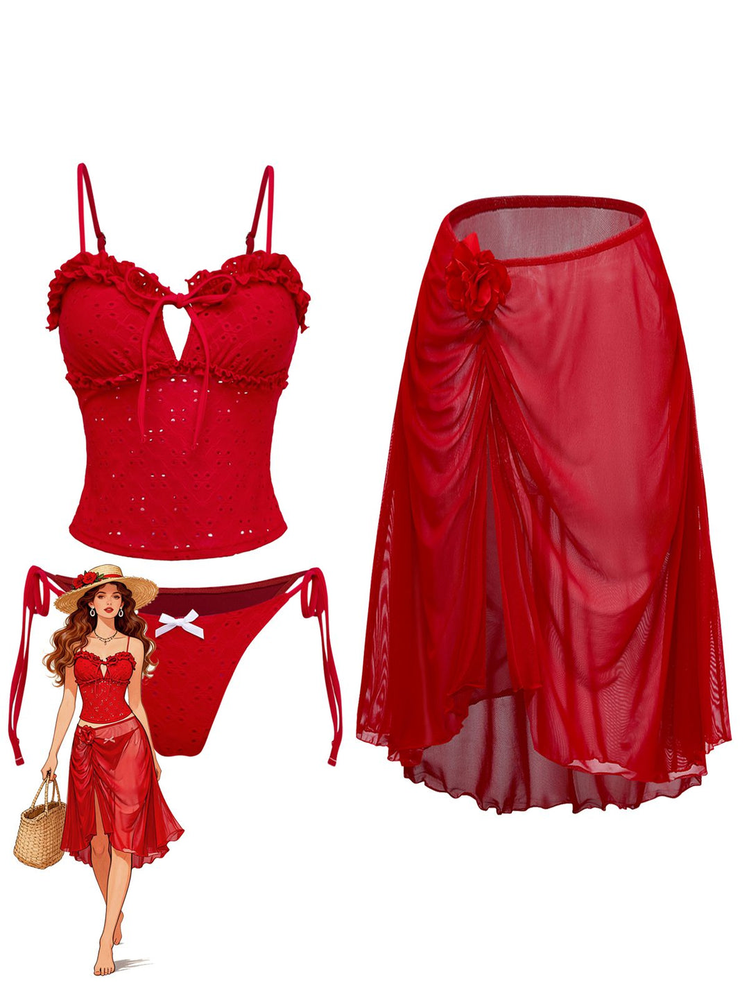 2PCS Red 1960s Cutout Ruffled Tankini Set &amp; Cover-Up - vintage fashion, retro style, elegant red