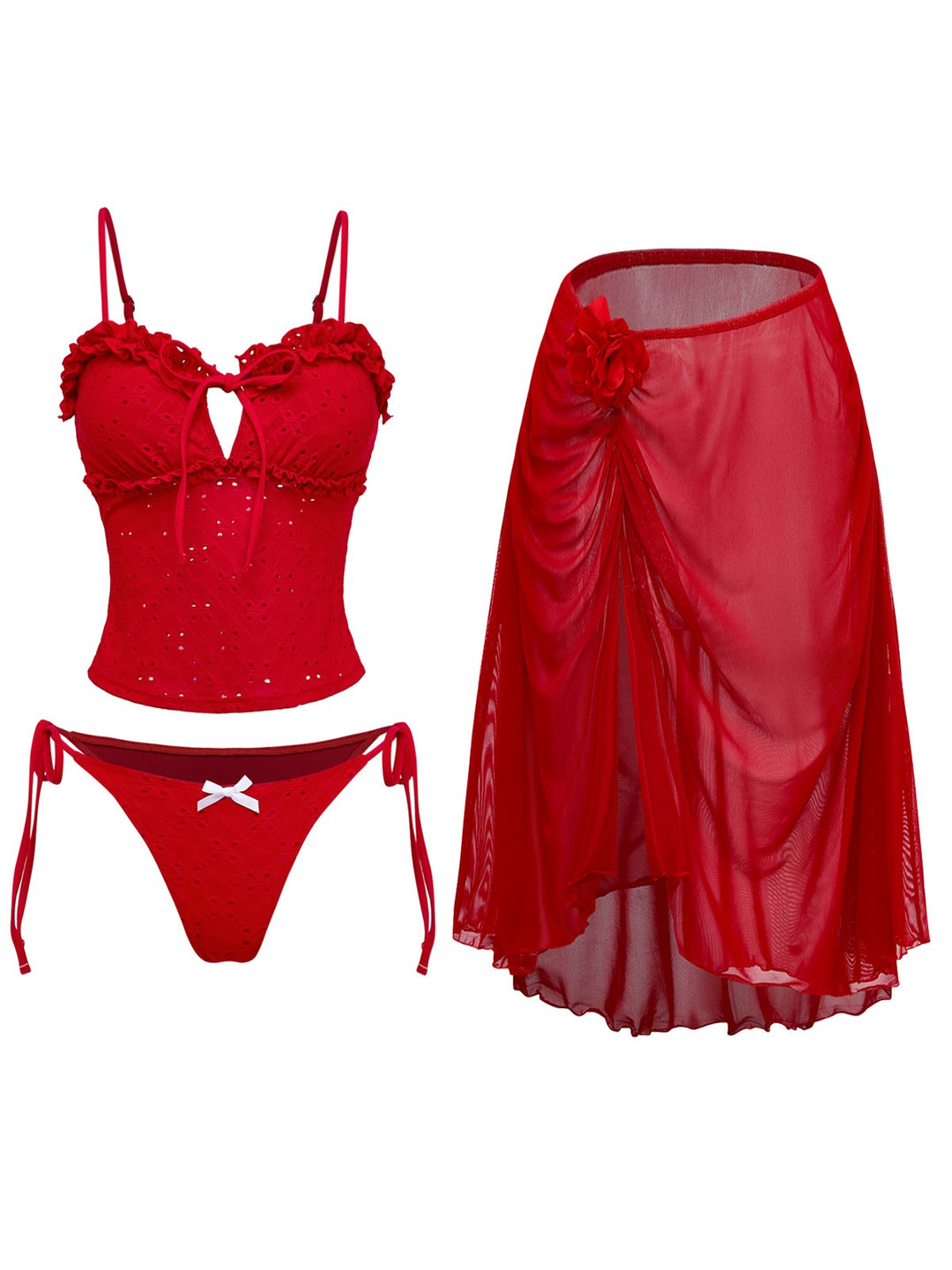 2PCS Red 1960s Cutout Ruffled Tankini Set &amp; Cover-Up - vintage fashion, retro style, elegant red