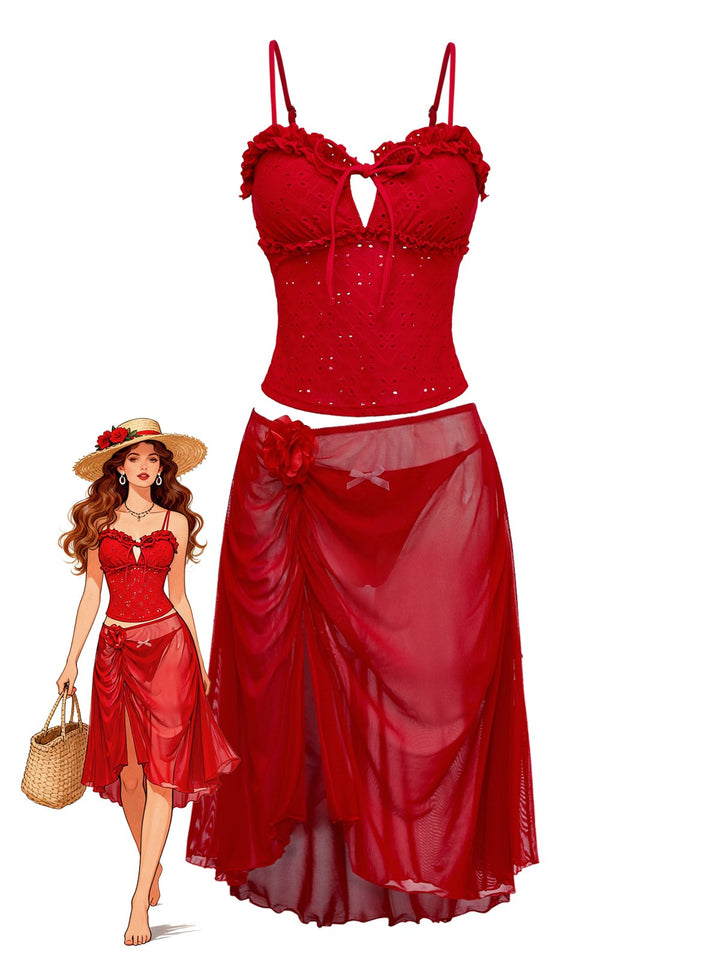 2PCS Red 1960s Cutout Ruffled Tankini Set &amp; Cover-Up - vintage fashion, retro style, elegant red