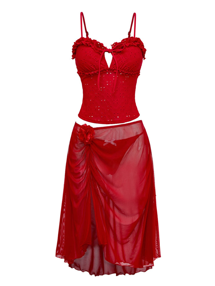 2PCS Red 1960s Cutout Ruffled Tankini Set &amp; Cover-Up - vintage fashion, retro style, elegant red