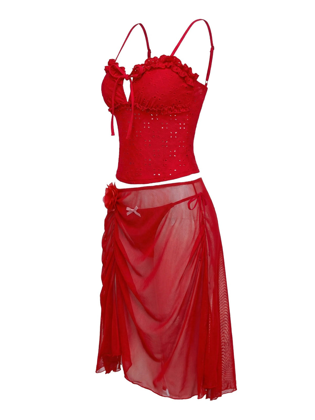 2PCS Red 1960s Cutout Ruffled Tankini Set &amp; Cover-Up - vintage fashion, retro style, elegant red