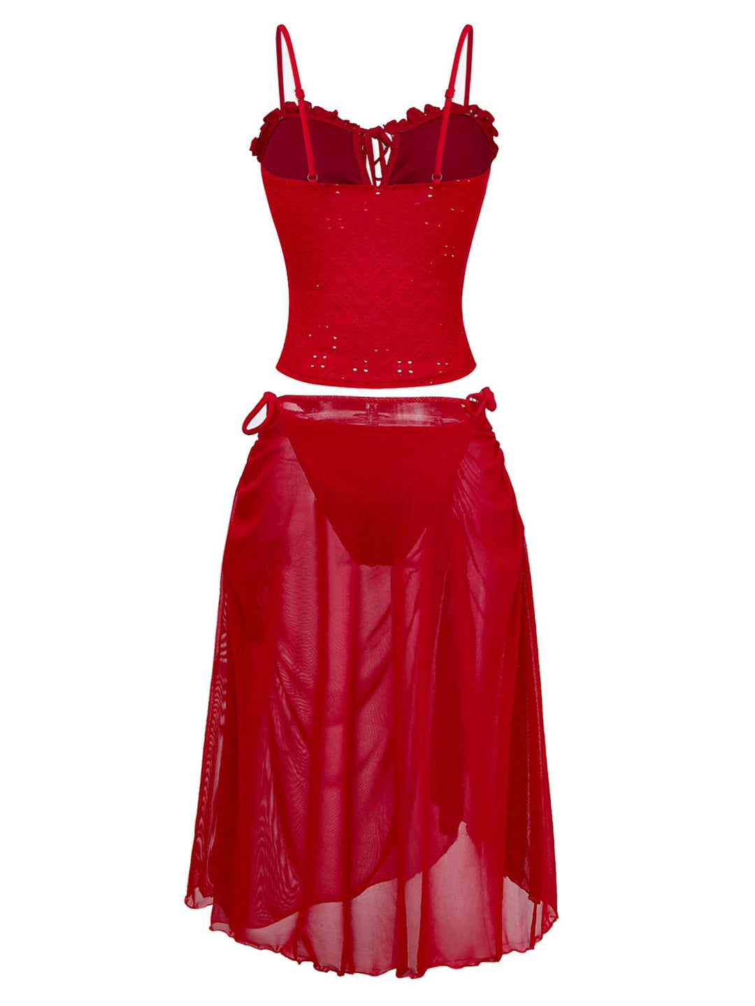 2PCS Red 1960s Cutout Ruffled Tankini Set &amp; Cover-Up - vintage fashion, retro style, elegant red