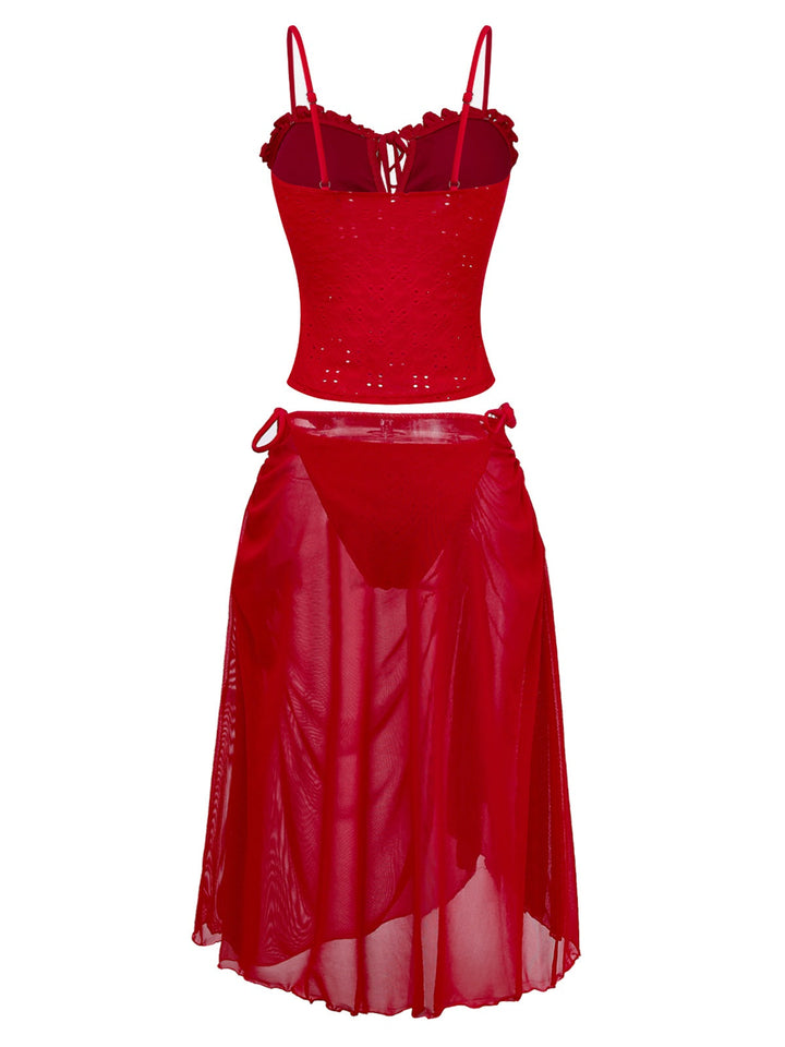 2PCS Red 1960s Cutout Ruffled Tankini Set &amp; Cover-Up - vintage fashion, retro style, elegant red