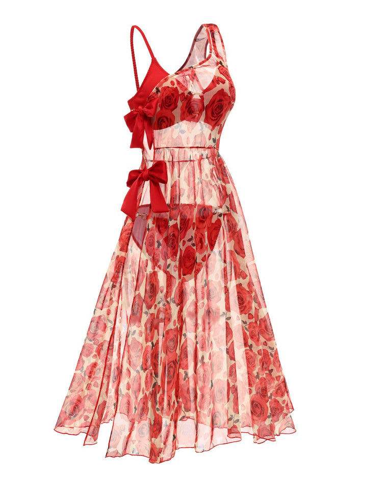 This 2PCS Red 1960s Glitter Ring Bikini Set &amp; Roses Cover-Up carries 1960s vacation dreams in every stitch