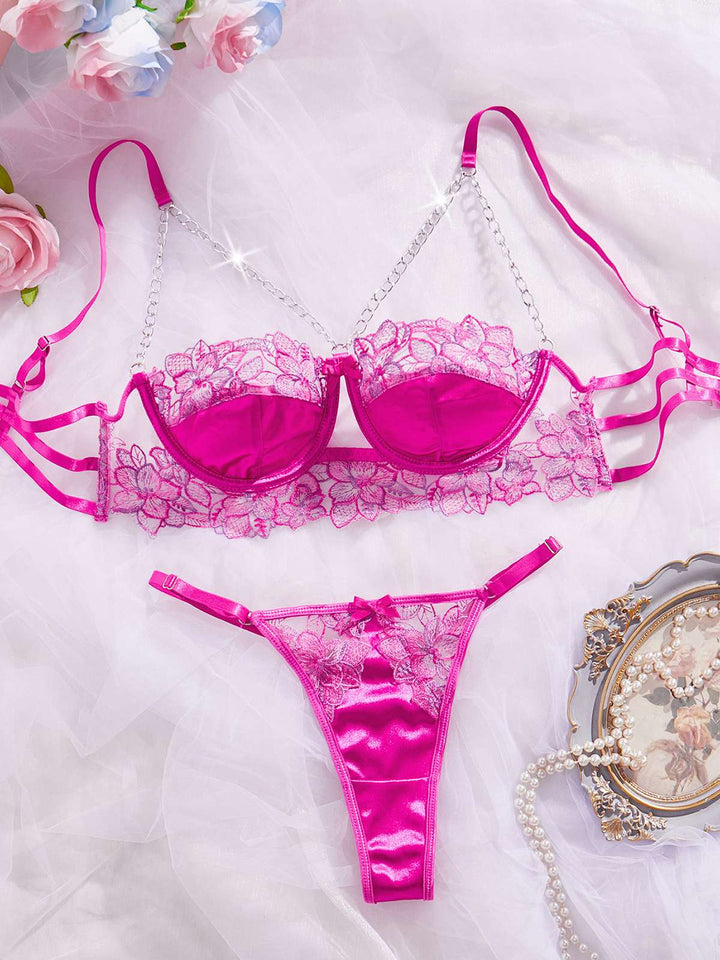 She slips into 2PCS Rose Red Lace Satin Lingerie Pajamas and channels screen sirens