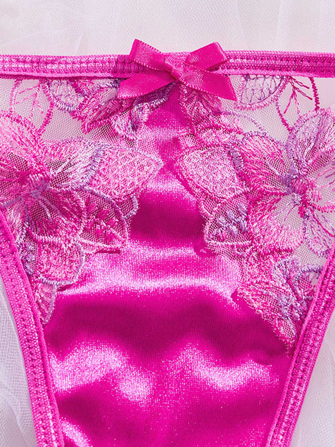 This 2PCS Rose Red Lace Satin Lingerie Pajamas is romance against her skin