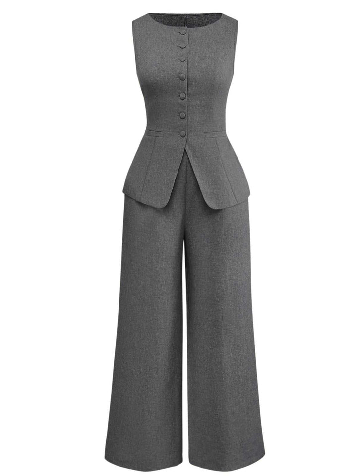 2PCS Solid 1940s Sleeveless Top &amp; Wide-Leg Pants - vintage fashion, retro style