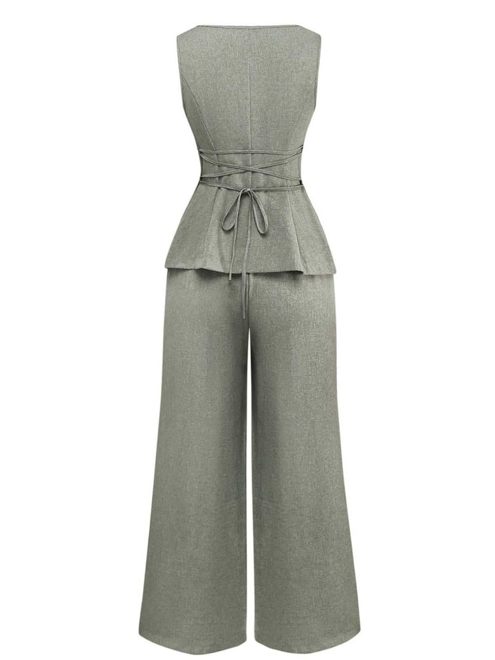 2PCS Solid 1940s Sleeveless Top &amp; Wide-Leg Pants - vintage fashion, retro style