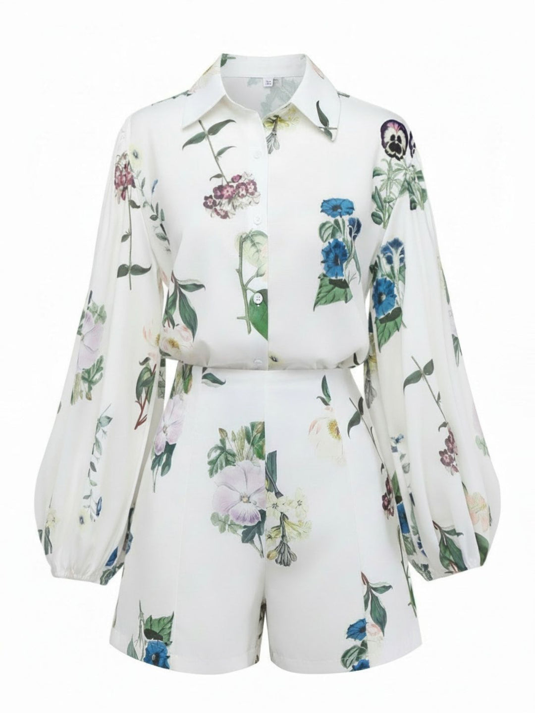2PCS White 1960s Linen Floral Blouse &amp; Shorts - vintage fashion, retro style, pure white