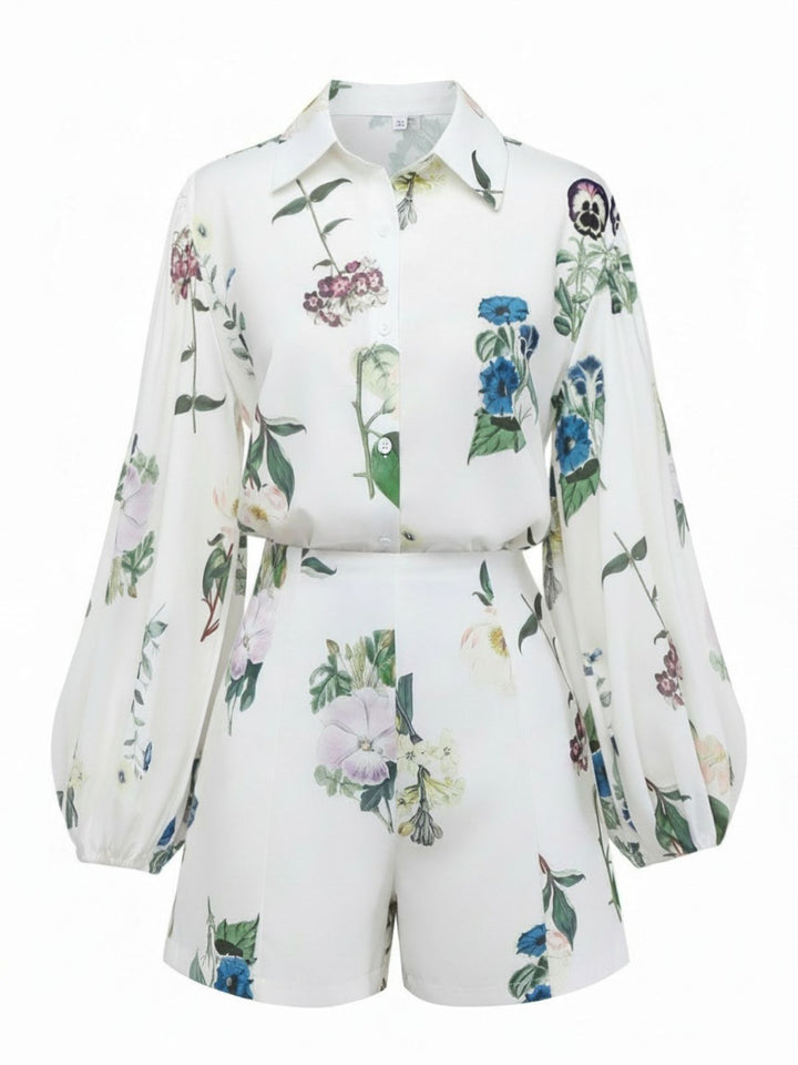 2PCS White 1960s Linen Floral Blouse &amp; Shorts - vintage fashion, retro style, pure white