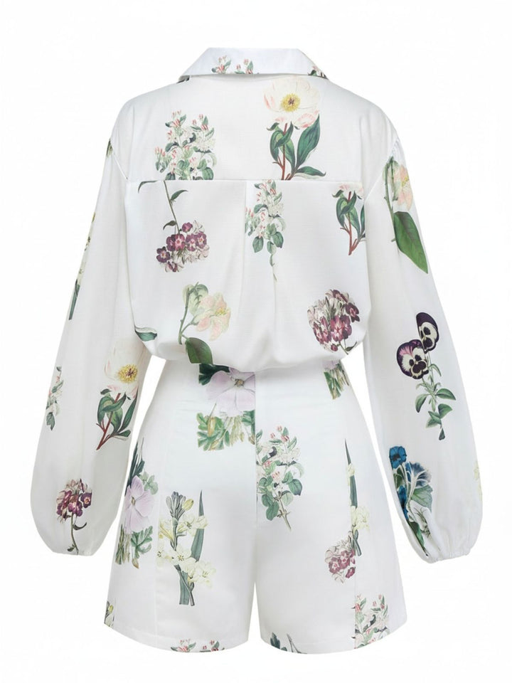 2PCS White 1960s Linen Floral Blouse &amp; Shorts - vintage fashion, retro style, pure white