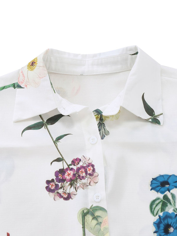 2PCS White 1960s Linen Floral Blouse &amp; Shorts - vintage fashion, retro style, pure white