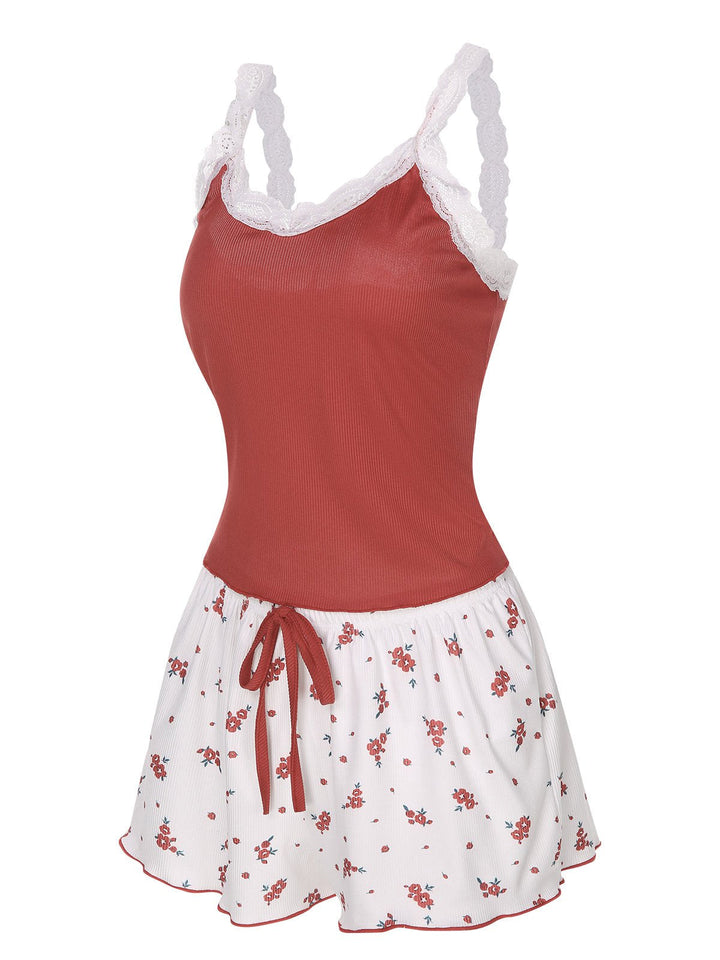 2PCS Wine Red Lace Straps Pajamas, vintage pajamas, retro nightwear - perfect for women who love vintage and retro fashion