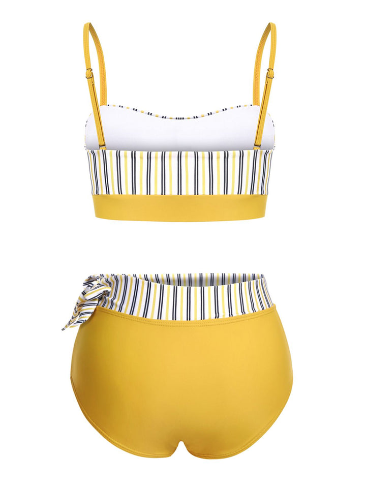 2PCS Yellow 1940s Striped Patchwork Swimsuit, vintage swimsuit, pin-up swimwear - perfect for women who love vintage and retro fashion