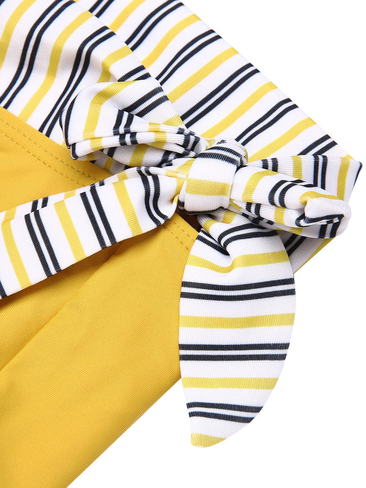 2PCS Yellow 1940s Striped Patchwork Swimsuit, vintage swimsuit, pin-up swimwear - perfect for women who love vintage and retro fashion