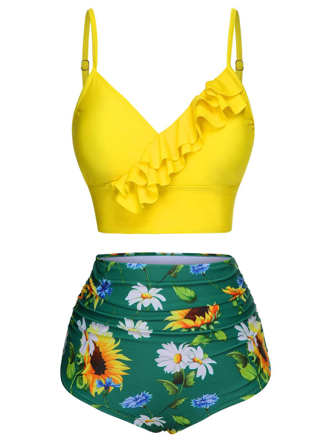 2PCS Yellow 1950s Sunflower Ruffles V-Neck Swimsuit — vintage elegance for the modern woman