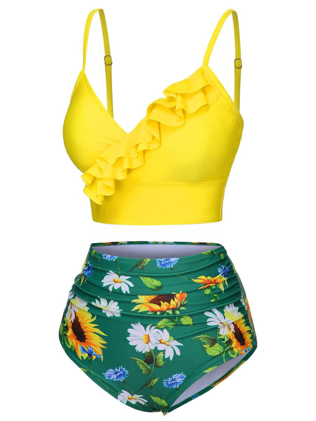 2PCS Yellow 1950s Sunflower Ruffles V-Neck Swimsuit: timeless style reimagined