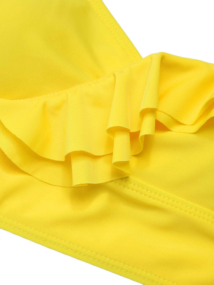 2PCS Yellow 1950s Sunflower Ruffles V-Neck Swimsuit — vintage elegance for the modern woman