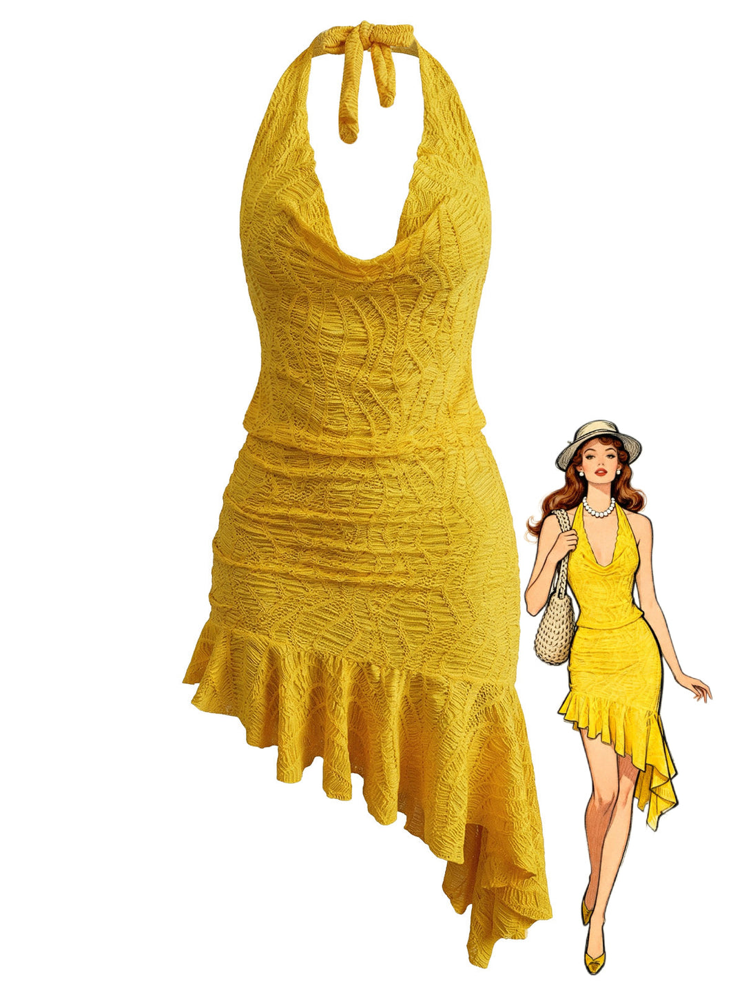 2PCS Yellow Halter Cowl Neck Textured Tankini Set - vintage fashion, retro style for vintage lovers