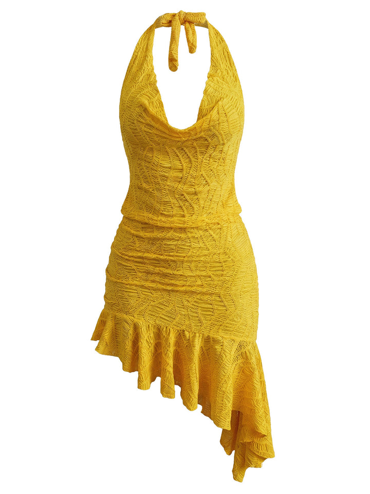2PCS Yellow Halter Cowl Neck Textured Tankini Set - vintage fashion, retro style for vintage lovers