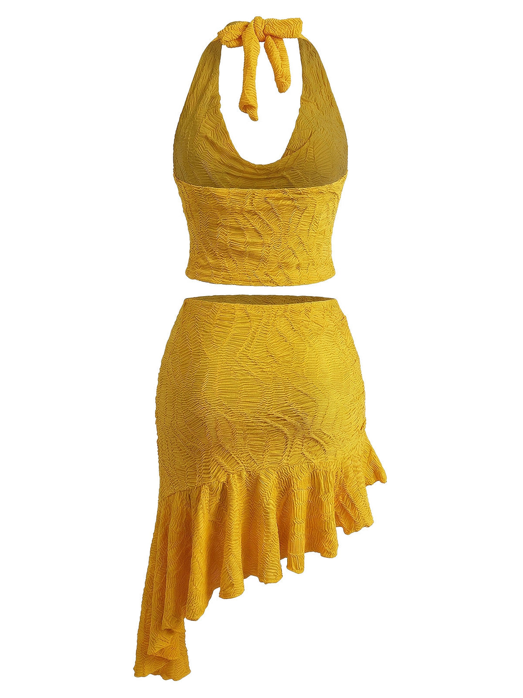 2PCS Yellow Halter Cowl Neck Textured Tankini Set - vintage fashion, retro style for vintage lovers