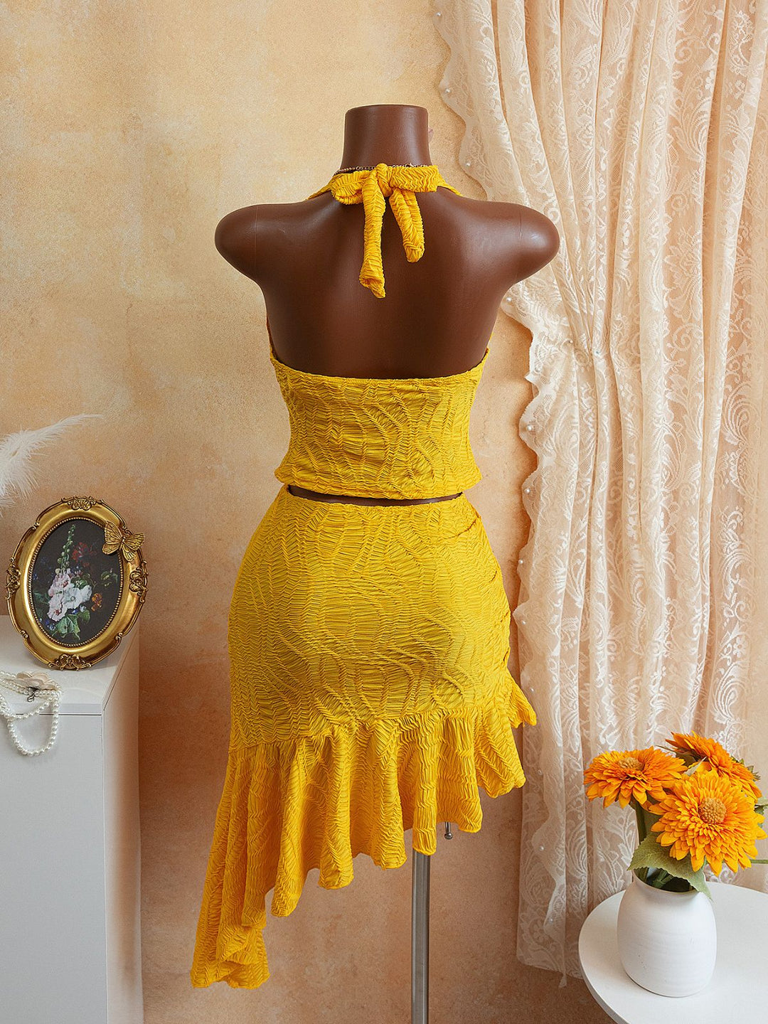 2PCS Yellow Halter Cowl Neck Textured Tankini Set - vintage fashion, retro style for vintage lovers