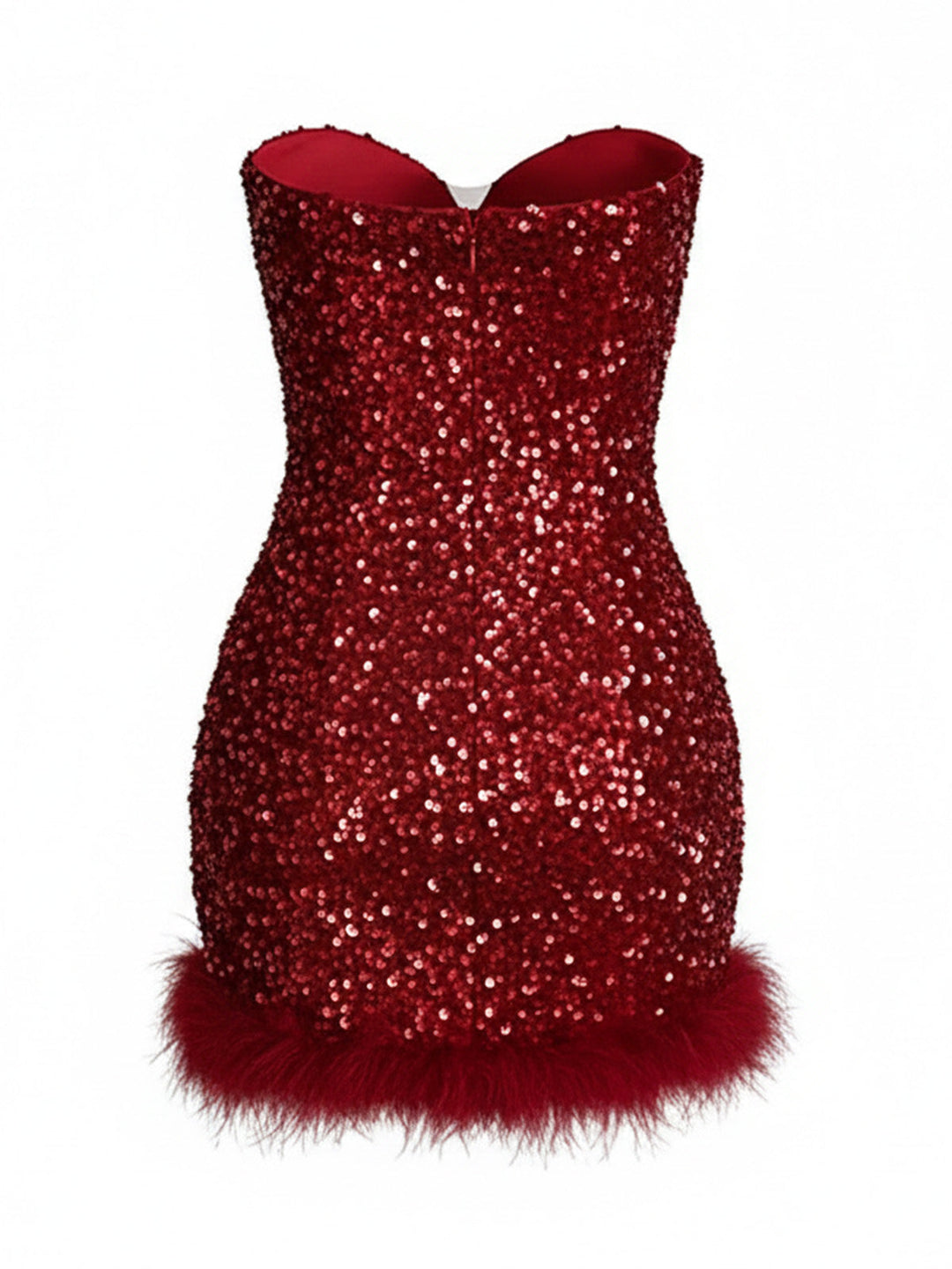 Wine Red Strapless Sequin Feather Trim Mini Dress