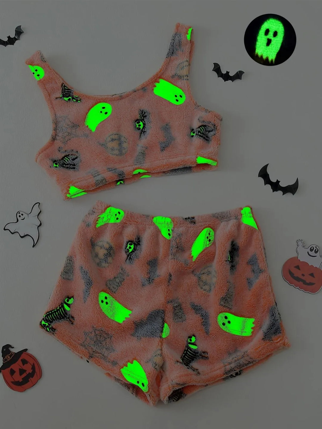 2PCS Orange Glowing Halloween Ghost Flannel Pajama Set, vintage fashion, retro style - perfect for women who love vintage and retro fashion