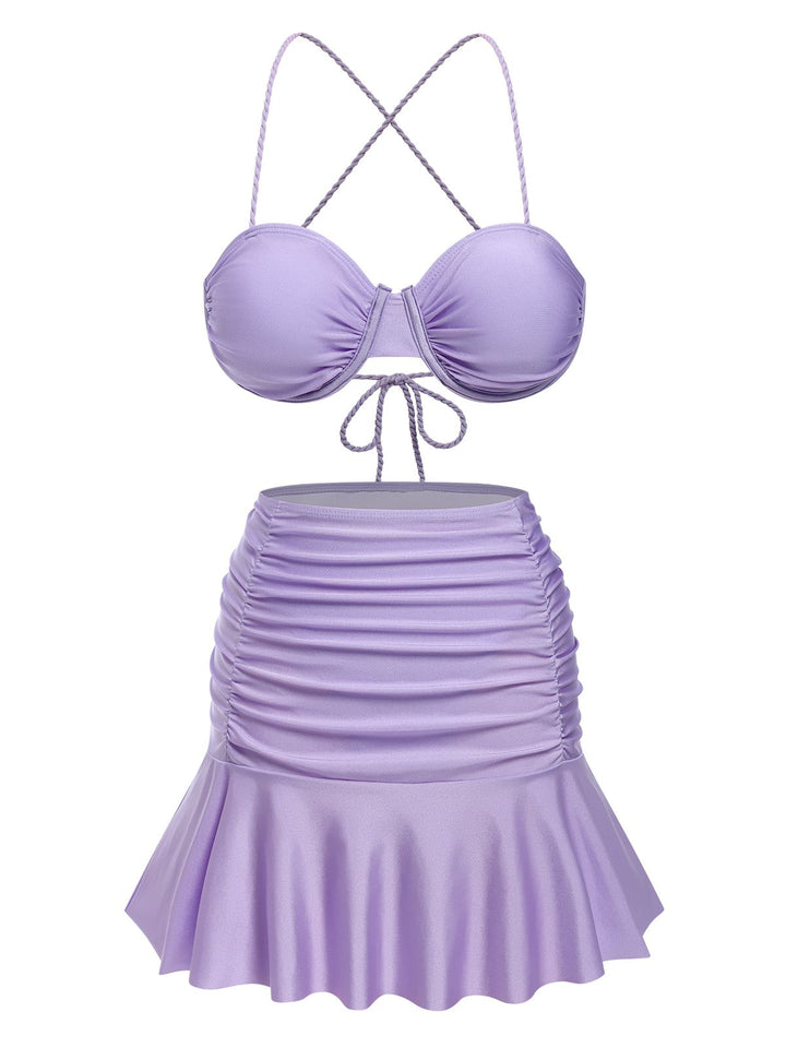 3PCS 1930s Spaghetti Strap Solid Bikini Set - vintage fashion, retro style