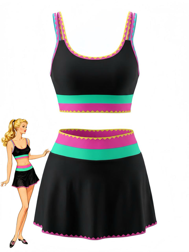 3PCS 1950s Contrast Color Zigzag Trim Tankini Set &amp; Cover-Up - vintage fashion, retro style, classic elegance for vintage lovers