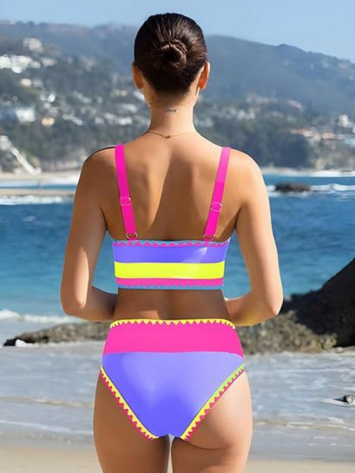 3PCS 1950s Contrast Color Zigzag Trim Tankini Set &amp; Cover-Up - vintage fashion, retro style, classic elegance for vintage lovers