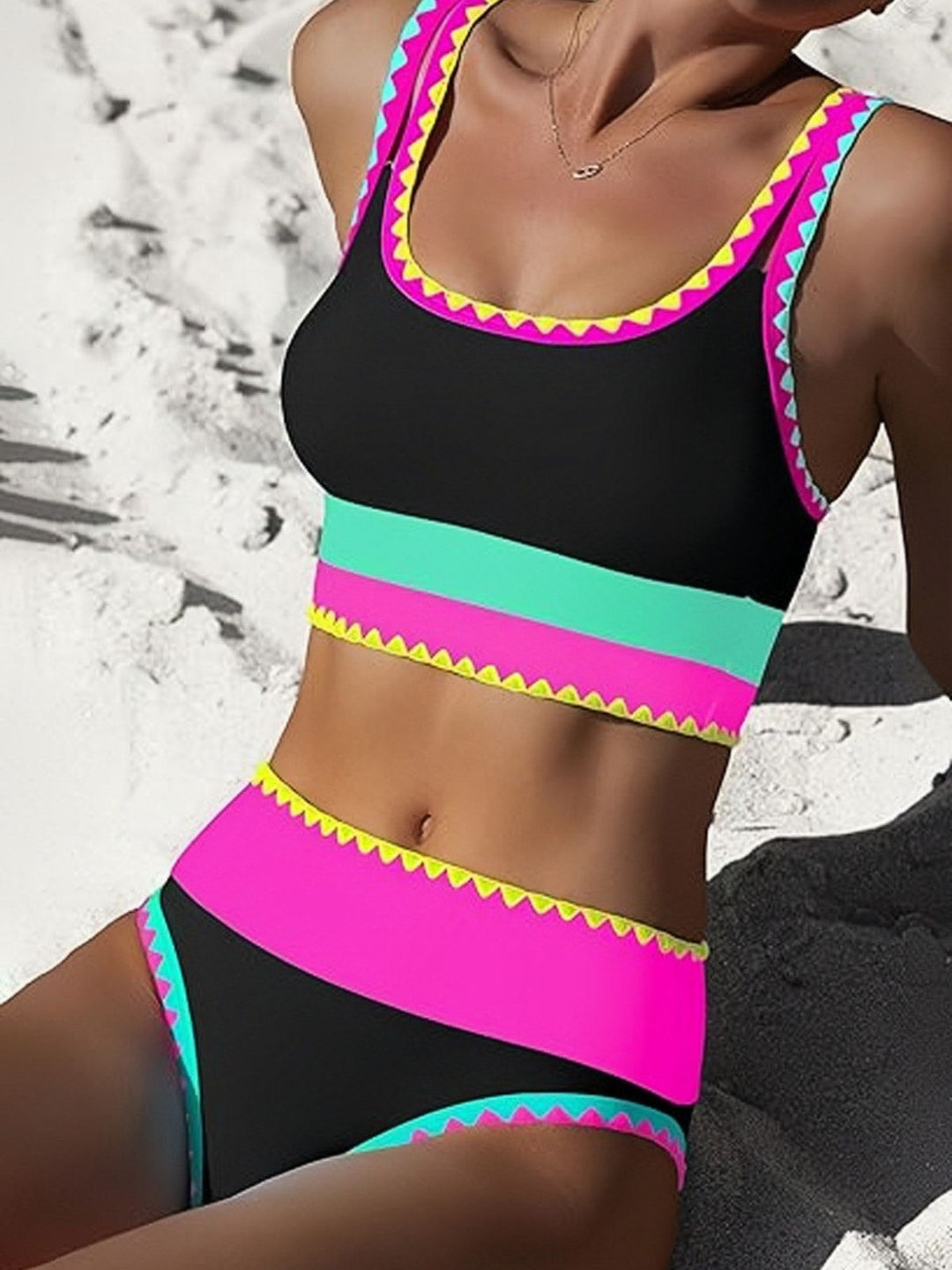 3PCS 1950s Contrast Color Zigzag Trim Tankini Set &amp; Cover-Up - vintage fashion, retro style, classic elegance for vintage lovers