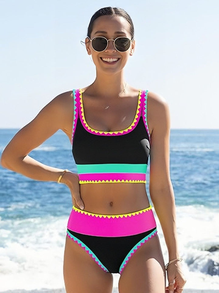 3PCS 1950s Contrast Color Zigzag Trim Tankini Set &amp; Cover-Up: beautiful vintage fashion, retro style, classic elegance with timeless appeal