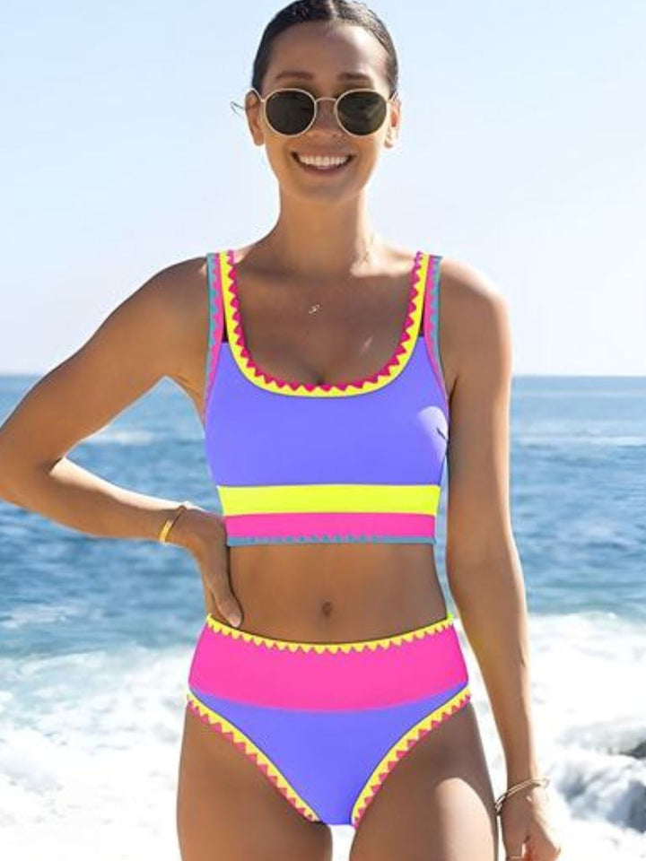 3PCS 1950s Contrast Color Zigzag Trim Tankini Set &amp; Cover-Up | vintage fashion, retro style, classic elegance - perfect for retro fashion enthusiasts