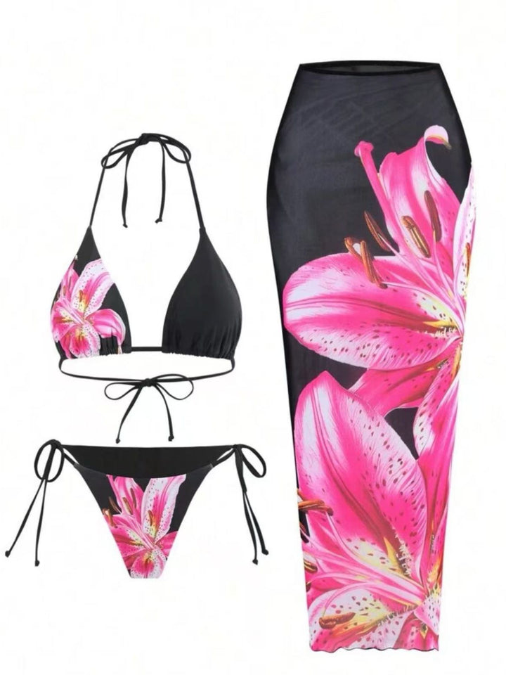 3PCS 1950s Mesh Lily Print Bikini Set &amp; Cover-Up - vintage swimwear, retro swimsuit, pin-up style for vintage lovers