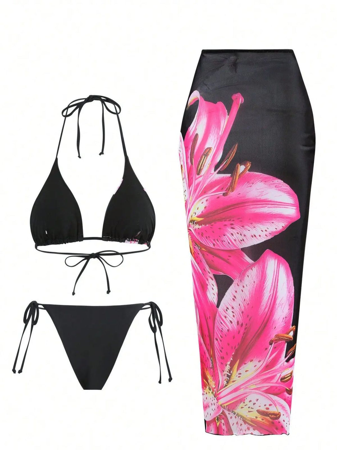 3PCS 1950s Mesh Lily Print Bikini Set &amp; Cover-Up: beautiful vintage swimwear, retro swimsuit, pin-up style with timeless appeal
