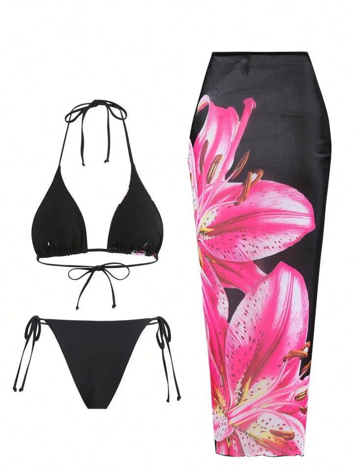 3PCS 1950s Mesh Lily Print Bikini Set &amp; Cover-Up: beautiful vintage swimwear, retro swimsuit, pin-up style with timeless appeal