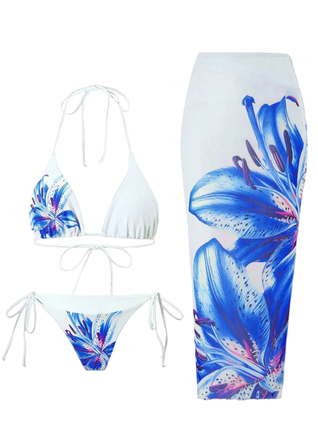 3PCS 1950s Mesh Lily Print Bikini Set &amp; Cover-Up: beautiful vintage swimwear, retro swimsuit, pin-up style with timeless appeal