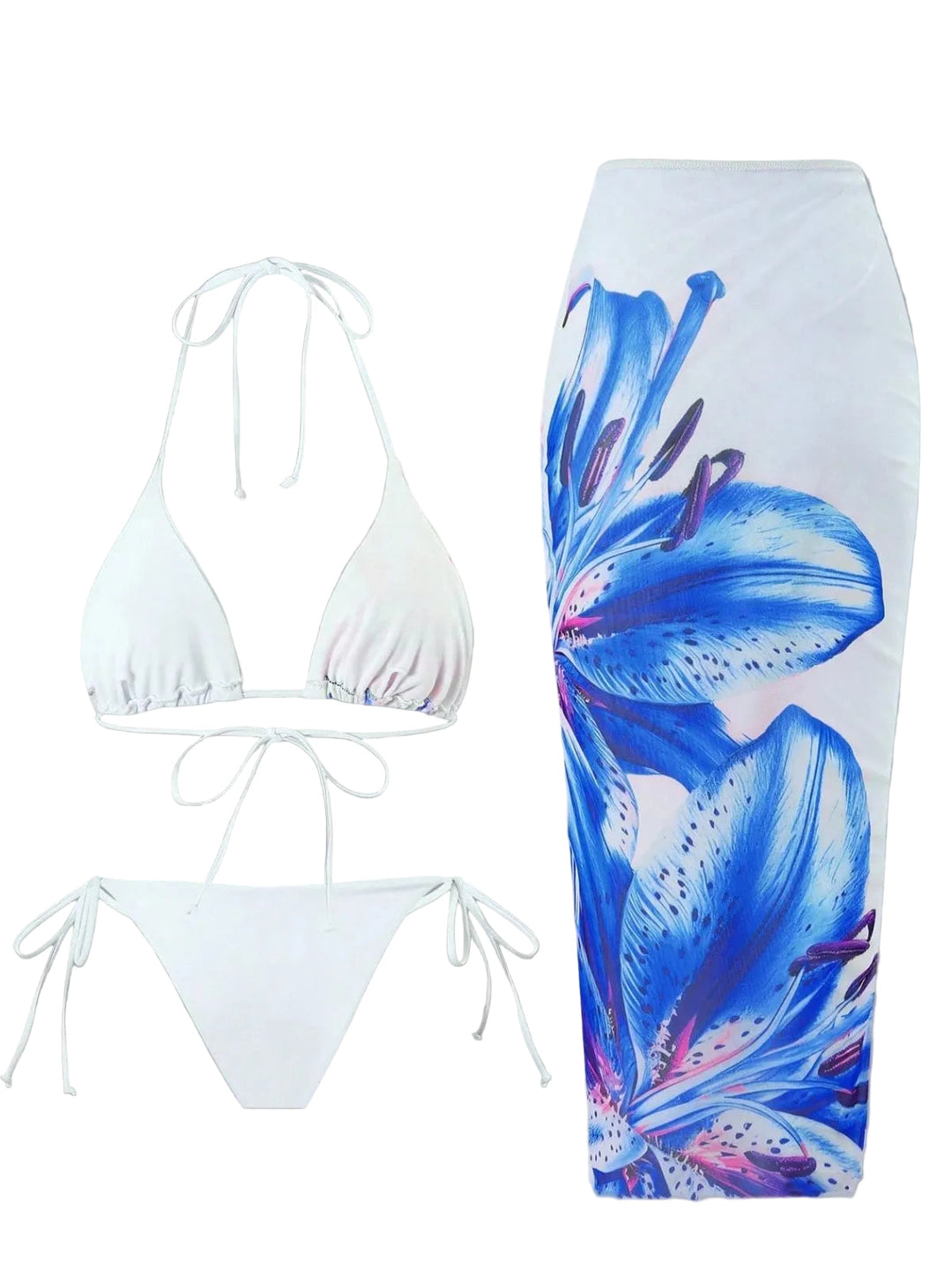 3PCS 1950s Mesh Lily Print Bikini Set &amp; Cover-Up | vintage swimwear, retro swimsuit, pin-up style - perfect for retro fashion enthusiasts