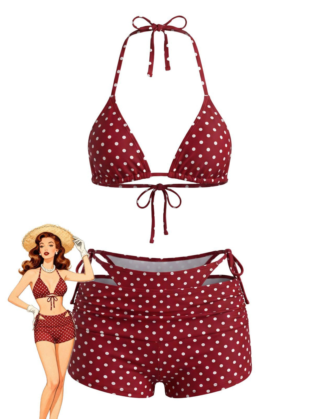 3PCS Polka Dot Halter Tie Shorts Bikini Set, vintage swimsuit, swimwear - perfect for women who love vintage and retro fashion