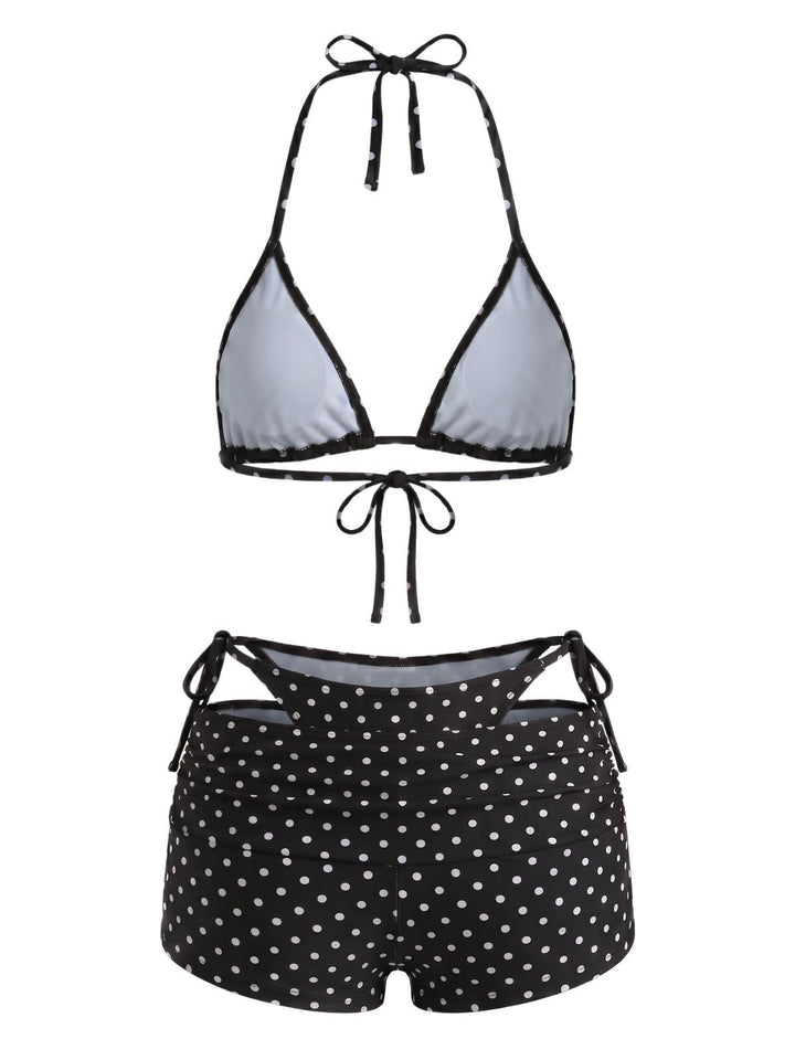 3PCS Polka Dot Halter Tie Shorts Bikini Set, vintage swimsuit, swimwear - perfect for women who love vintage and retro fashion