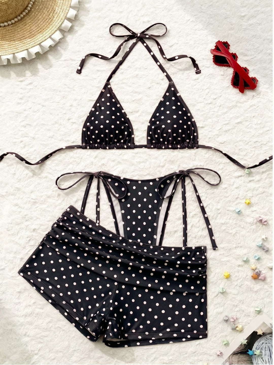 3PCS Polka Dot Halter Tie Shorts Bikini Set, vintage swimsuit, swimwear - perfect for women who love vintage and retro fashion